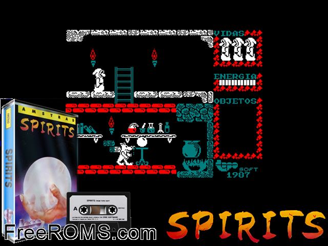 Spirits (S) (19xx) [t1] Amstrad CPC game showing 3D box cover and gameplay screenshot